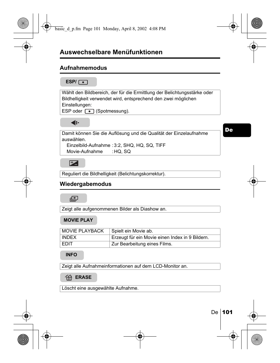 Auswechselbare menüfunktionen | Olympus C-300 Zoom  EN User Manual | Page 101 / 172
