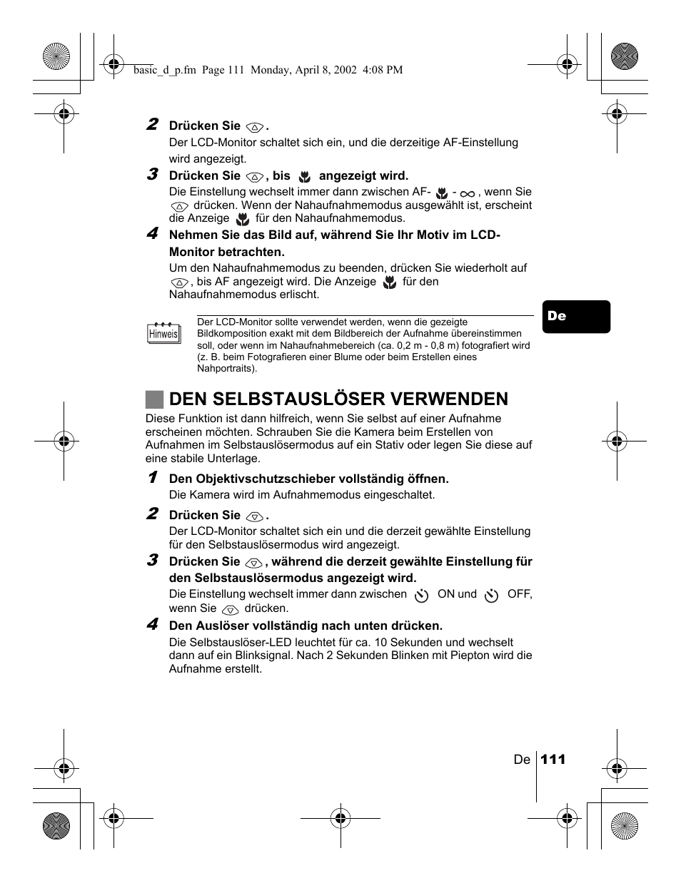 Jden selbstauslöser verwenden | Olympus C-300 Zoom  EN User Manual | Page 111 / 172