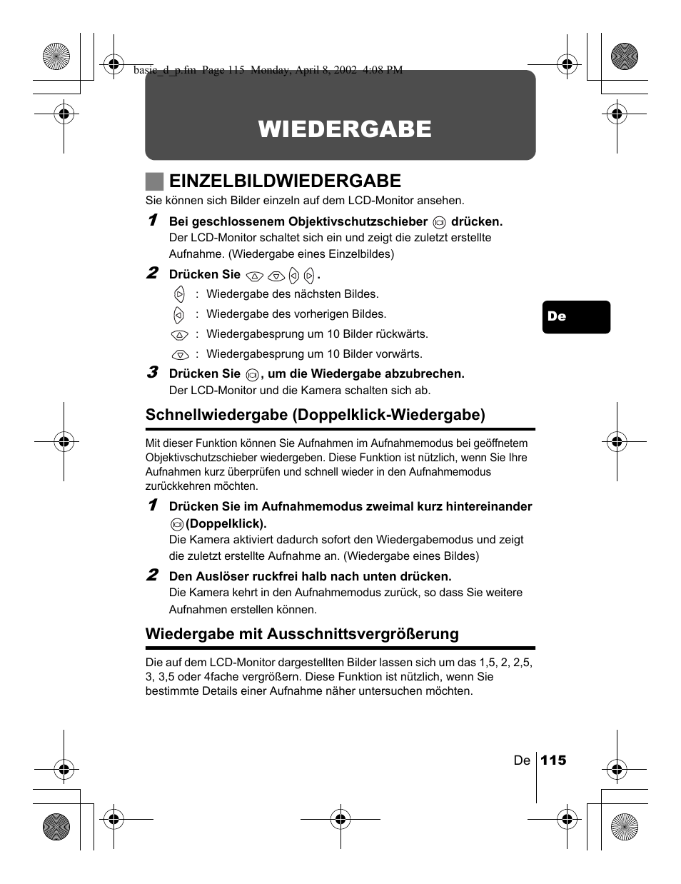 Wiedergabe, Jeinzelbildwiedergabe | Olympus C-300 Zoom  EN User Manual | Page 115 / 172