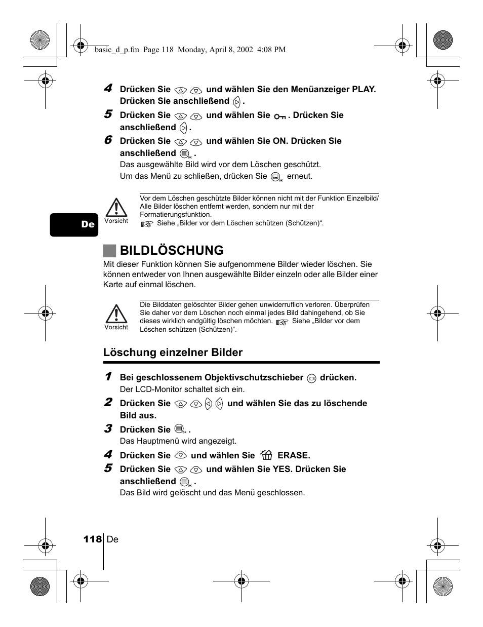 Jbildlöschung, Löschung einzelner bilder | Olympus C-300 Zoom  EN User Manual | Page 118 / 172