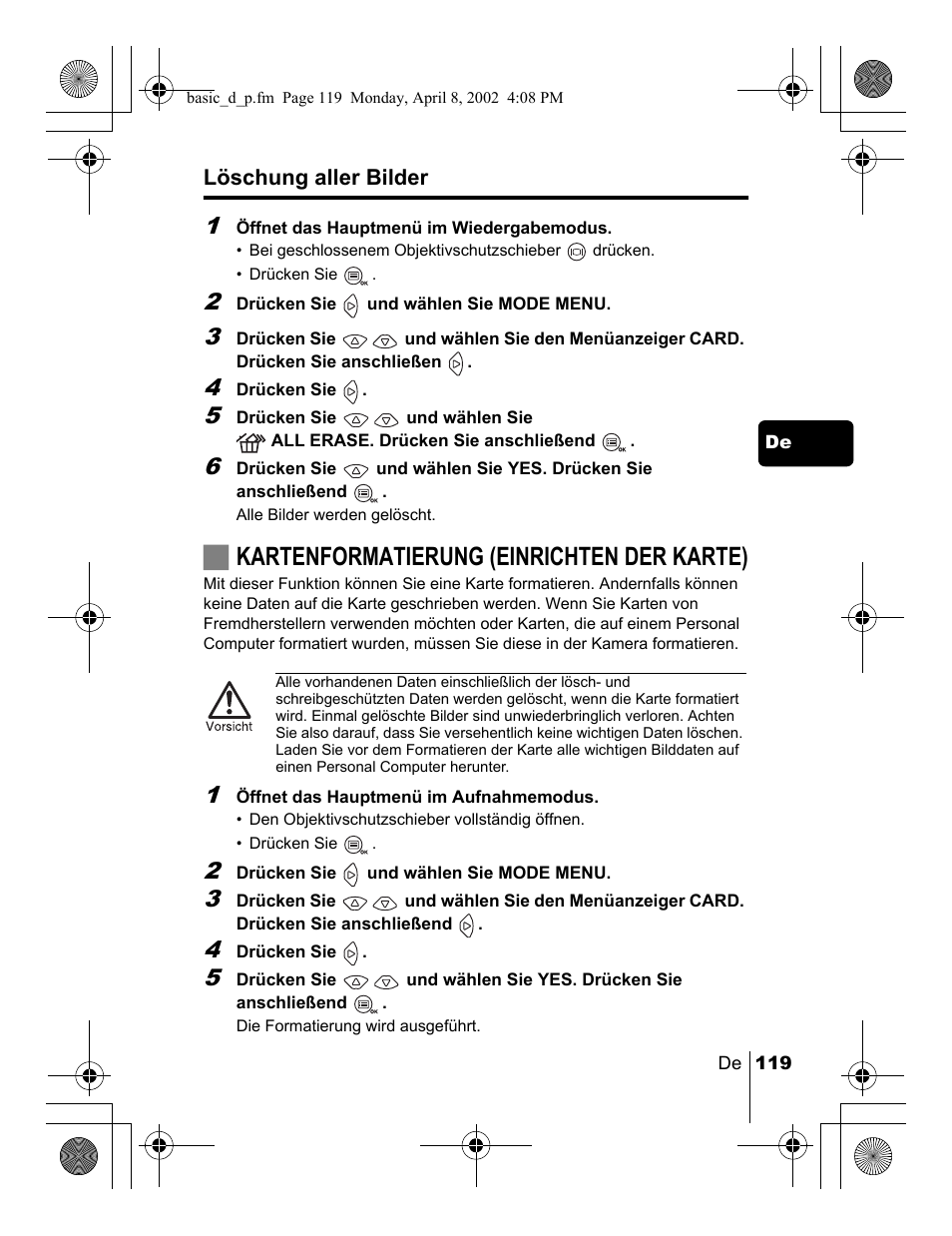 Jkartenformatierung (einrichten der karte) | Olympus C-300 Zoom  EN User Manual | Page 119 / 172