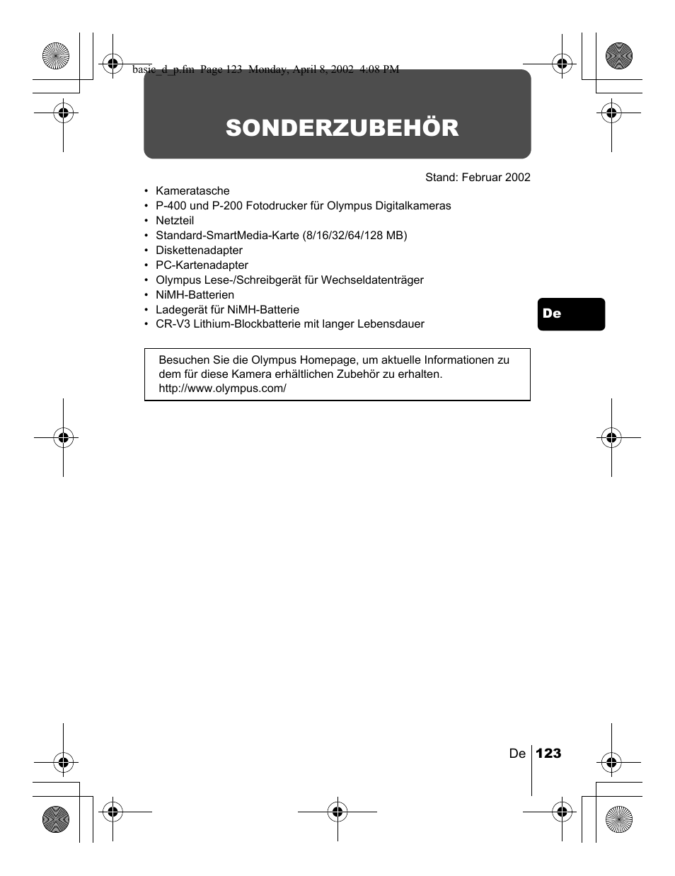 Sonderzubehör | Olympus C-300 Zoom  EN User Manual | Page 123 / 172