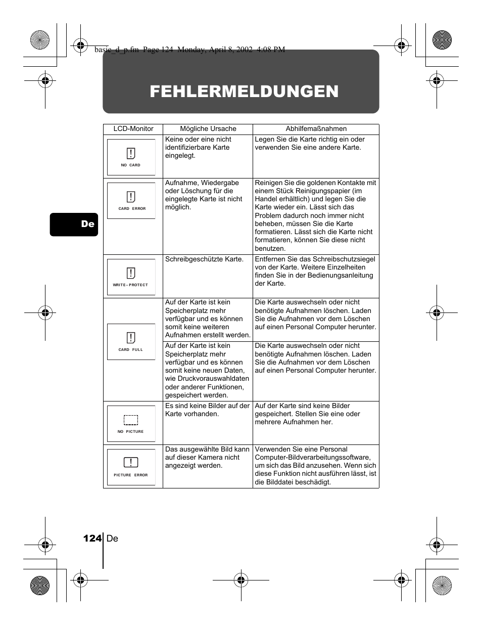 Fehlermeldungen, 124 de de | Olympus C-300 Zoom  EN User Manual | Page 124 / 172