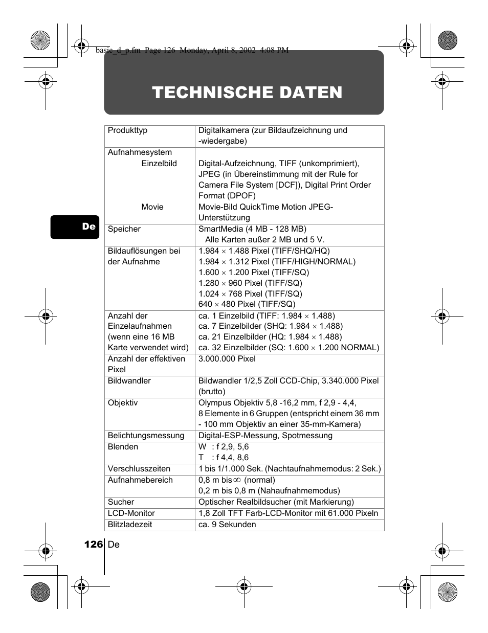 Technische daten | Olympus C-300 Zoom  EN User Manual | Page 126 / 172