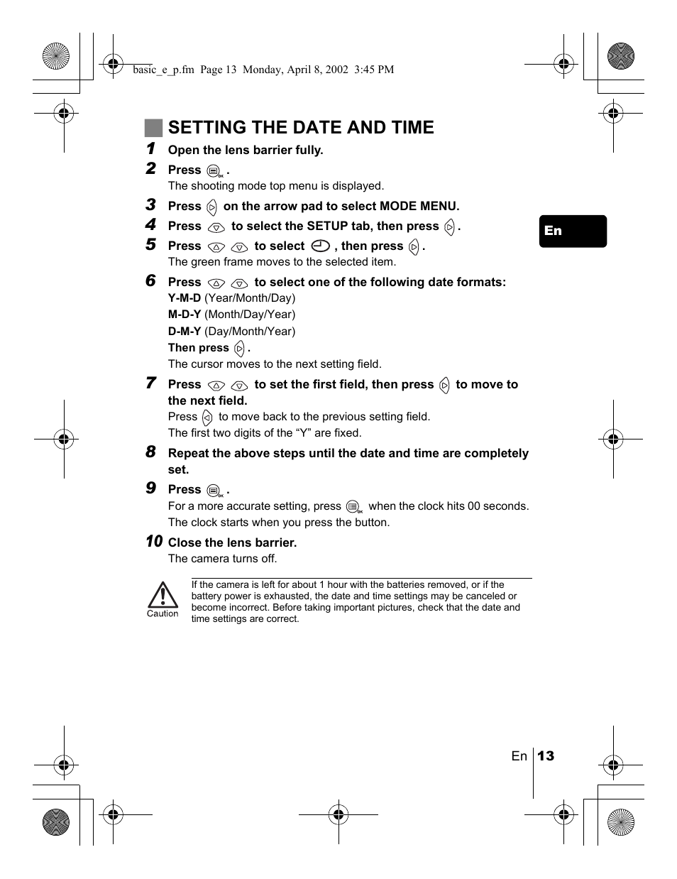 Jsetting the date and time | Olympus C-300 Zoom  EN User Manual | Page 13 / 172