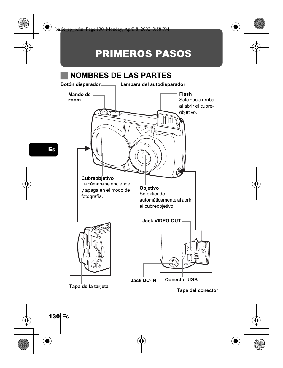 Primeros pasos, Jnombres de las partes | Olympus C-300 Zoom  EN User Manual | Page 130 / 172