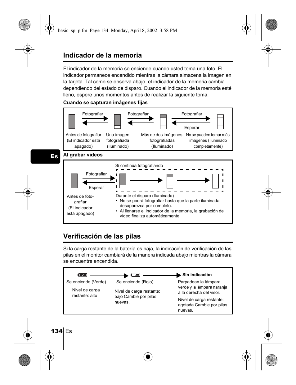 Verificación de las pilas, 134 es es | Olympus C-300 Zoom  EN User Manual | Page 134 / 172