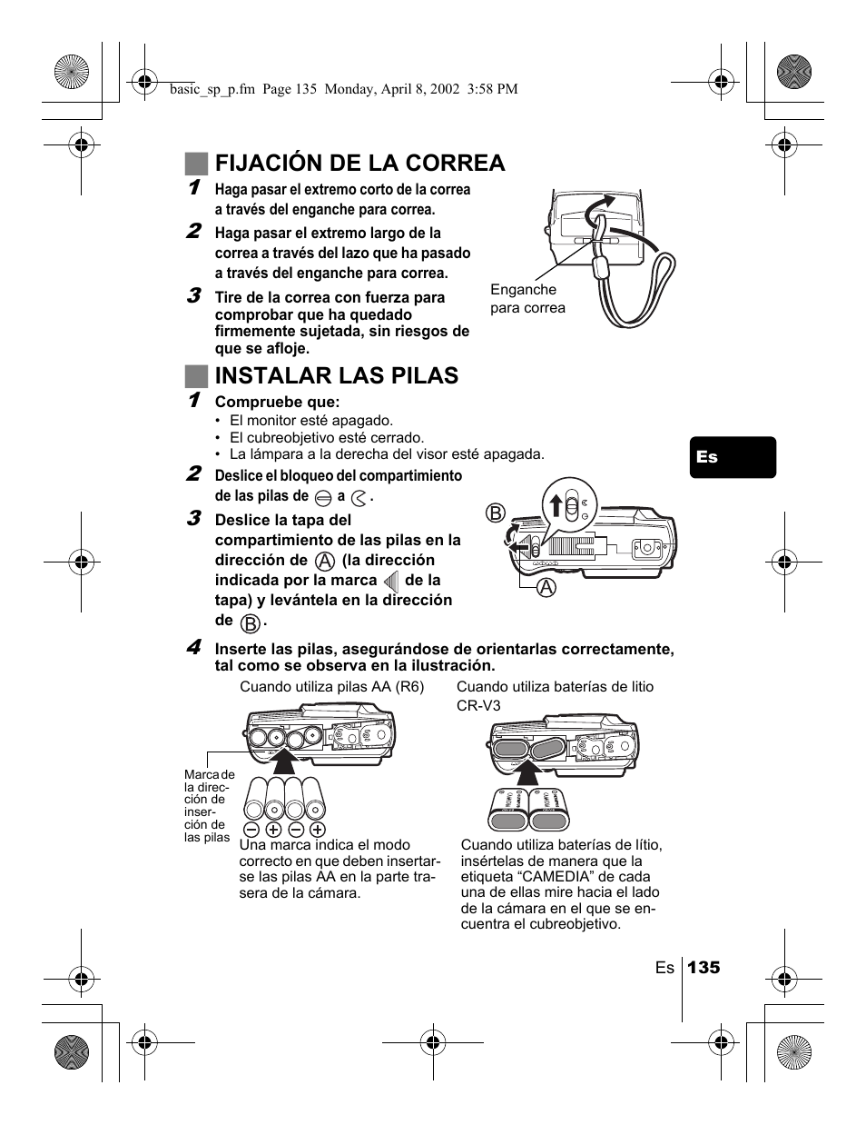 Jfijación de la correa, Jinstalar las pilas | Olympus C-300 Zoom  EN User Manual | Page 135 / 172