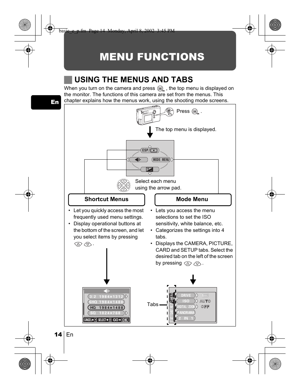 Menu functions, Jusing the menus and tabs | Olympus C-300 Zoom  EN User Manual | Page 14 / 172