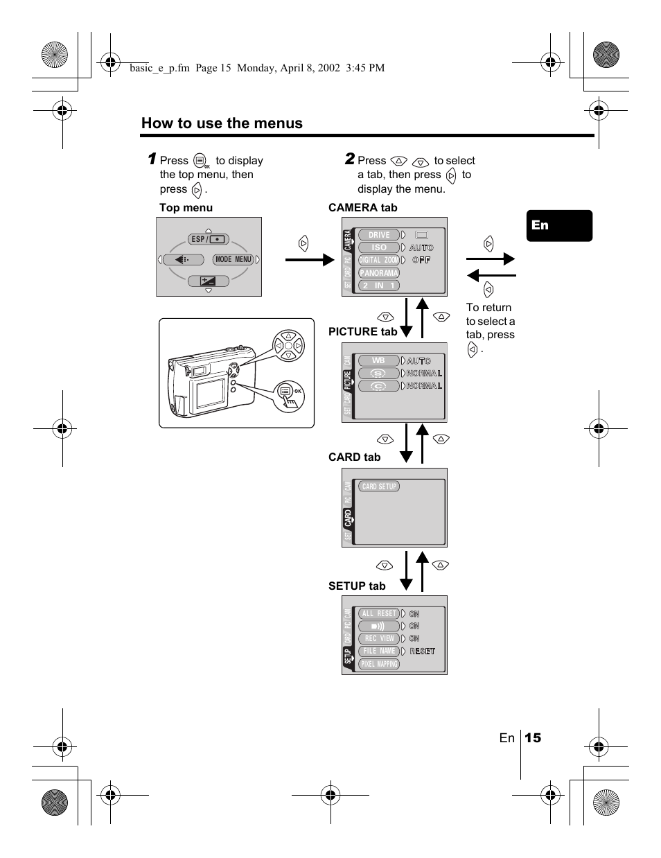 How to use the menus, En 15 en | Olympus C-300 Zoom  EN User Manual | Page 15 / 172