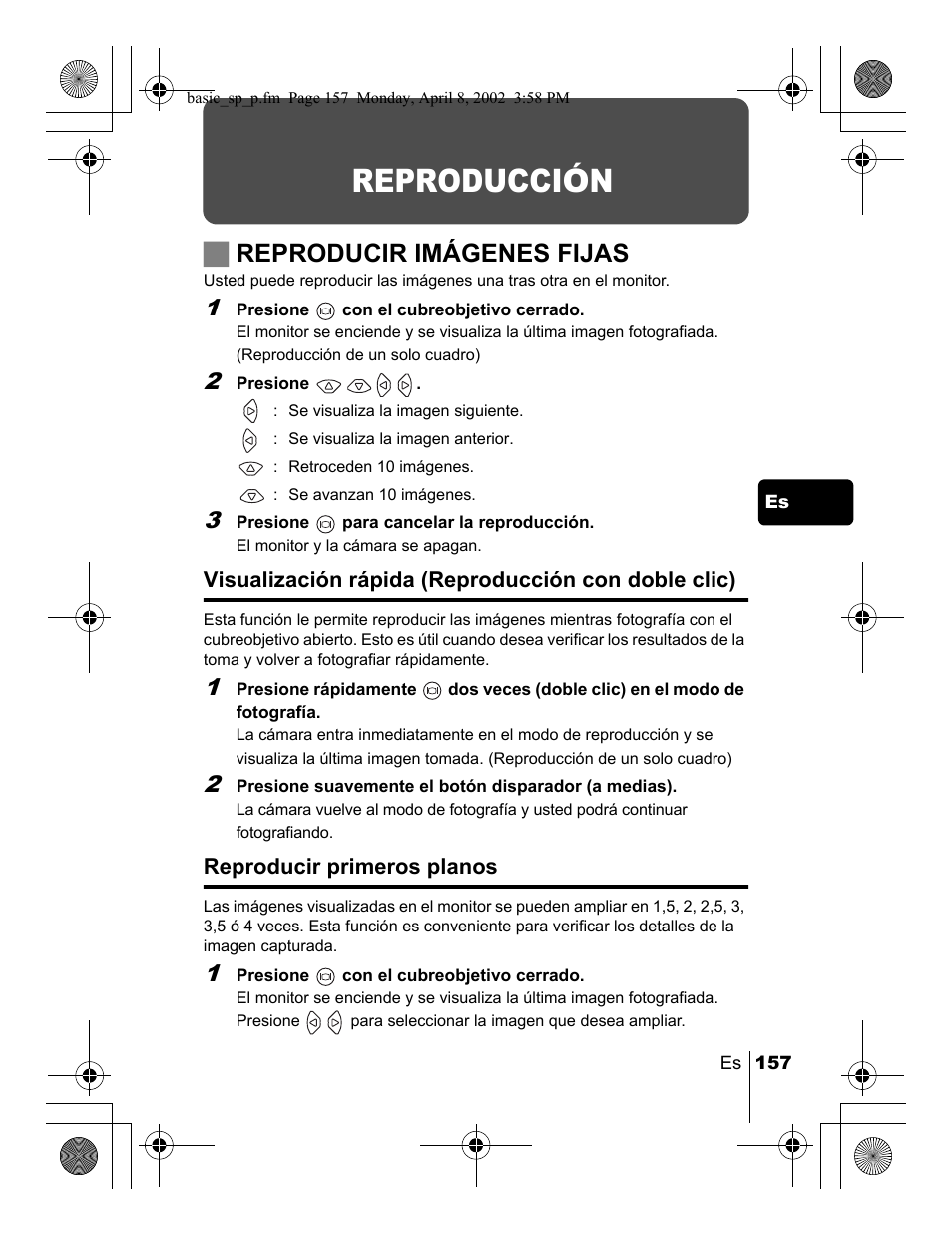 Reproducción, Jreproducir imágenes fijas | Olympus C-300 Zoom  EN User Manual | Page 157 / 172