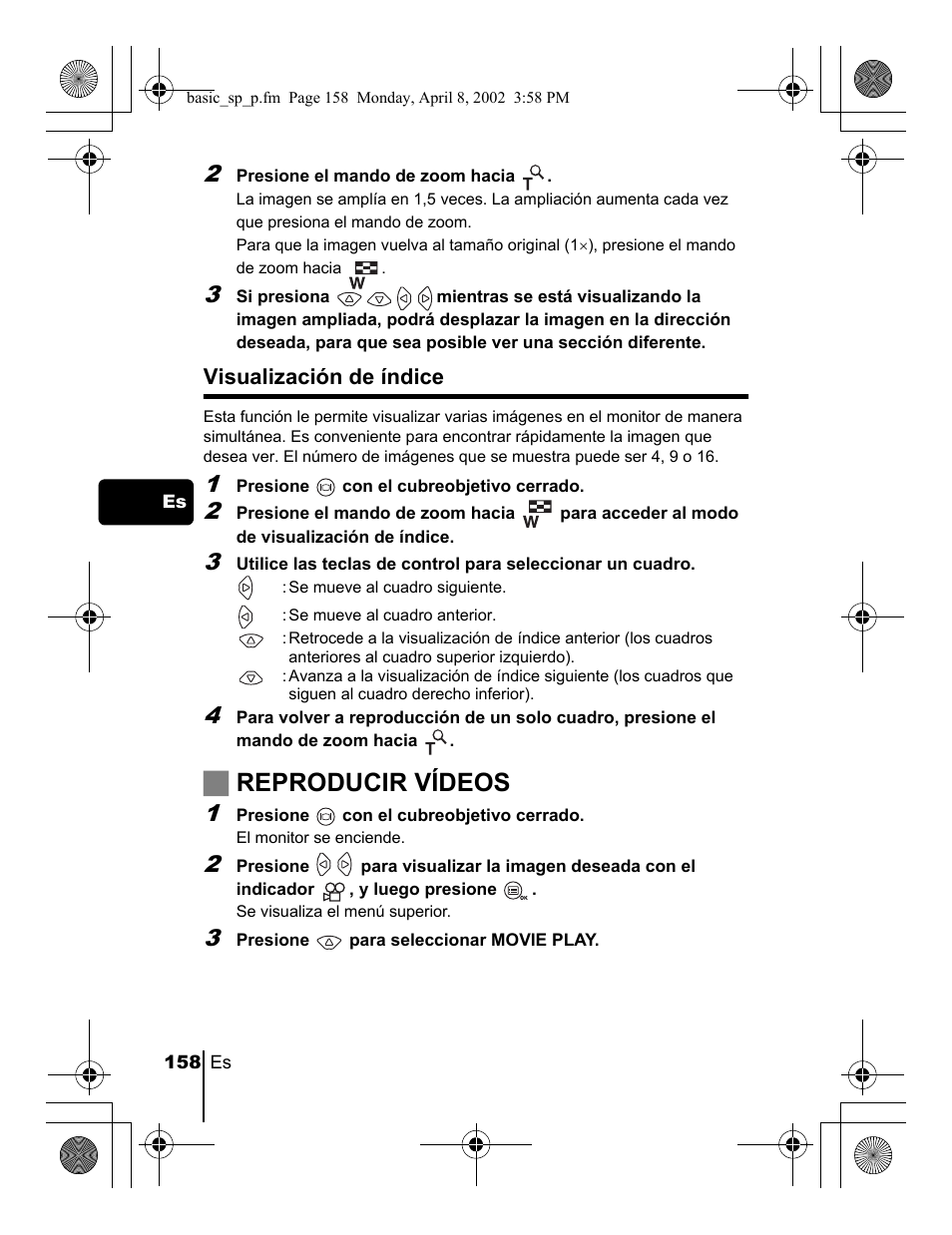 Jreproducir vídeos, Visualización de índice | Olympus C-300 Zoom  EN User Manual | Page 158 / 172
