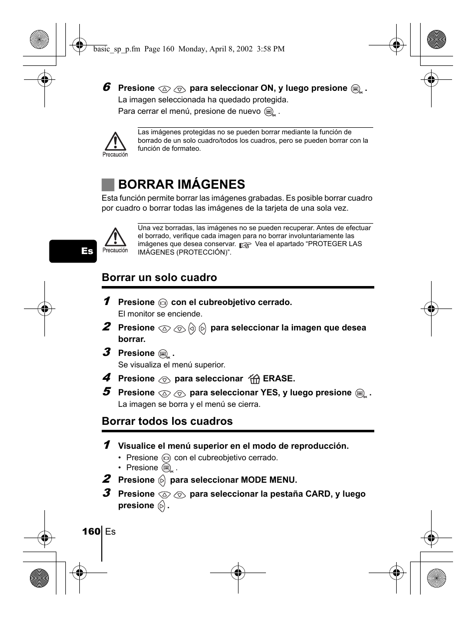Jborrar imágenes, Borrar un solo cuadro, Borrar todos los cuadros | Olympus C-300 Zoom  EN User Manual | Page 160 / 172