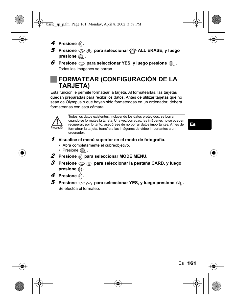 Jformatear (configuración de la tarjeta) | Olympus C-300 Zoom  EN User Manual | Page 161 / 172