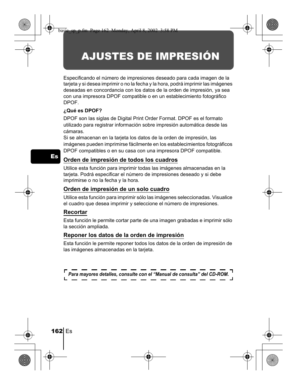 Ajustes de impresión | Olympus C-300 Zoom  EN User Manual | Page 162 / 172