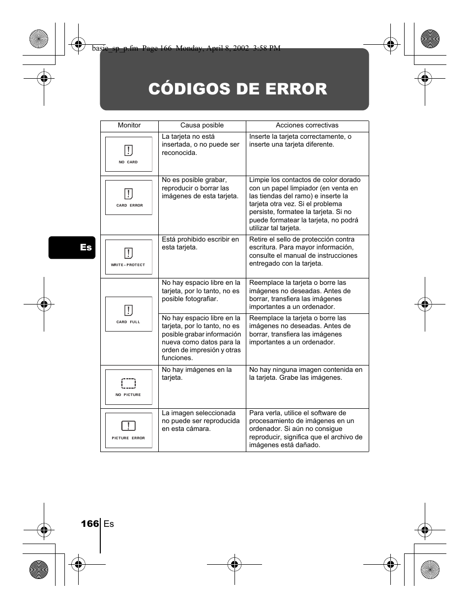 Códigos de error, 166 es es | Olympus C-300 Zoom  EN User Manual | Page 166 / 172