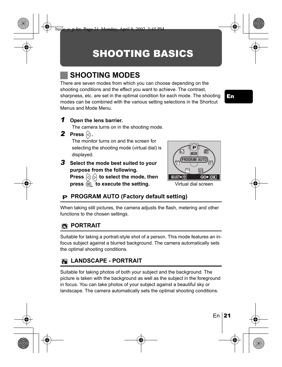 Shooting basics, Jshooting modes | Olympus C-300 Zoom  EN User Manual | Page 21 / 172
