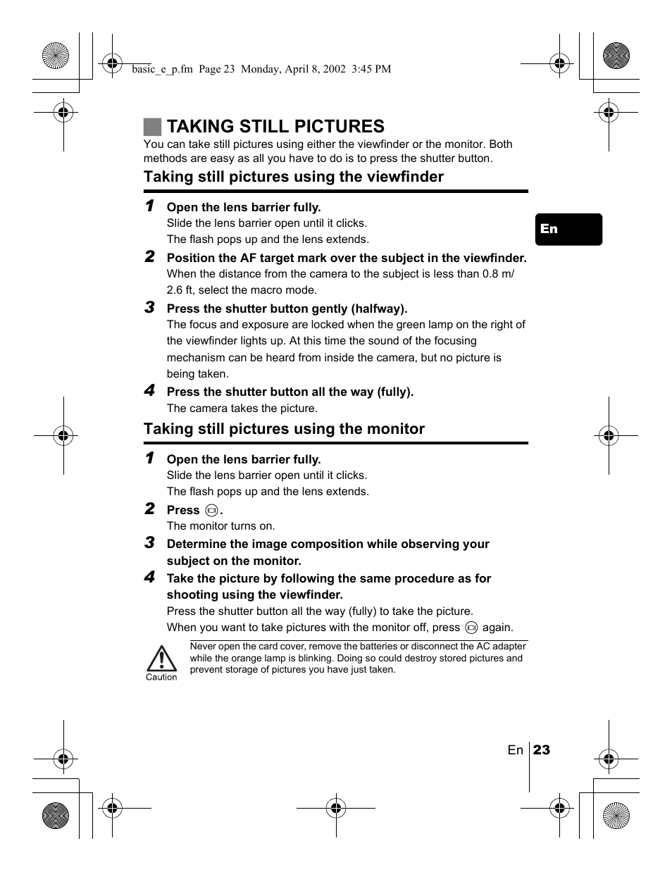 Jtaking still pictures | Olympus C-300 Zoom  EN User Manual | Page 23 / 172
