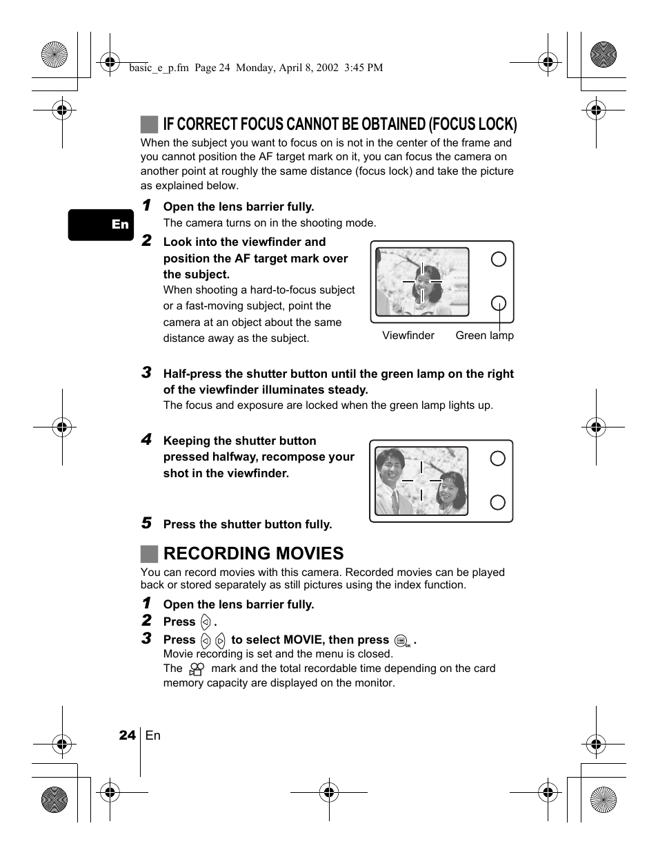 Jif correct focus cannot be obtained (focus lock), Jrecording movies | Olympus C-300 Zoom  EN User Manual | Page 24 / 172