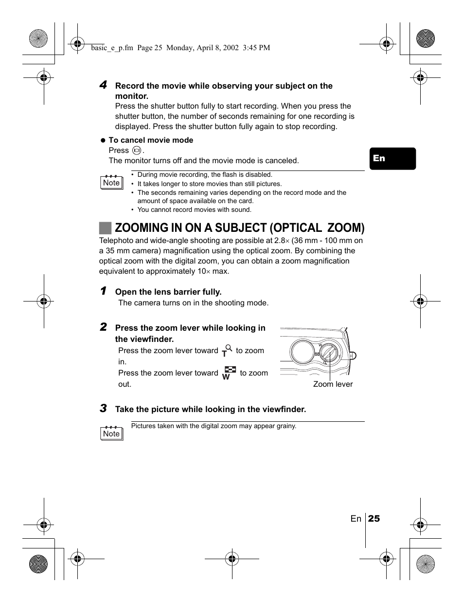 Jzooming in on a subject (optical zoom) | Olympus C-300 Zoom  EN User Manual | Page 25 / 172