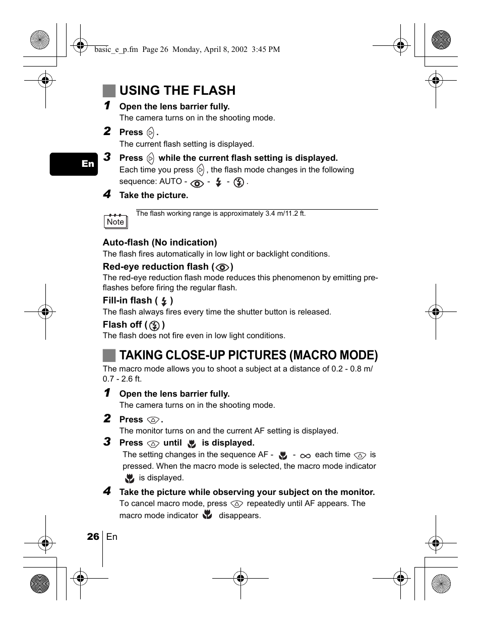 Jusing the flash, Jtaking close-up pictures (macro mode) | Olympus C-300 Zoom  EN User Manual | Page 26 / 172