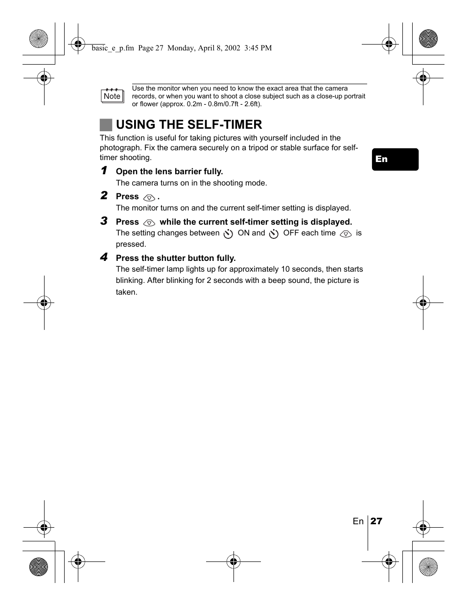 Jusing the self-timer | Olympus C-300 Zoom  EN User Manual | Page 27 / 172