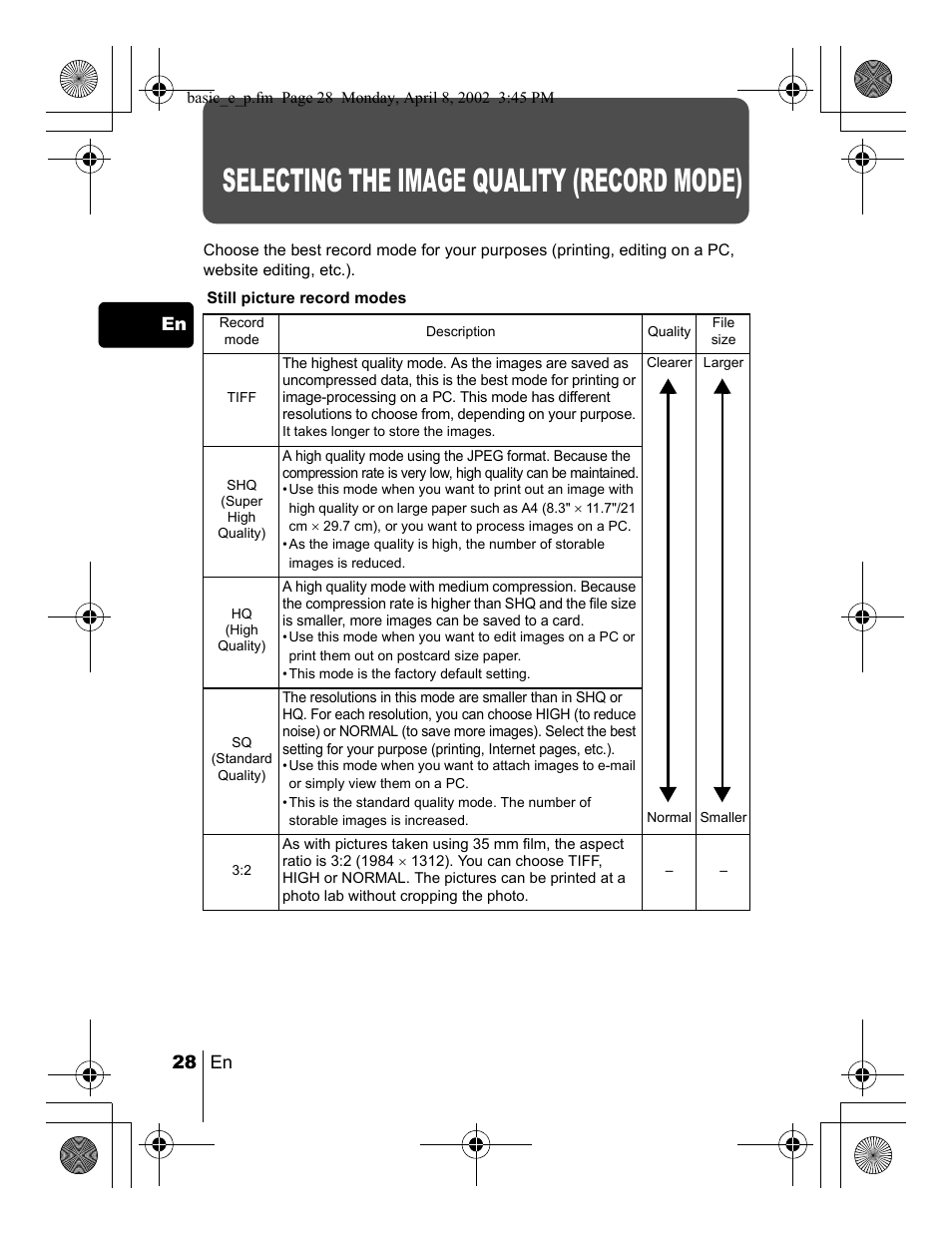 Selecting the image quality (record mode), 28 en en | Olympus C-300 Zoom  EN User Manual | Page 28 / 172