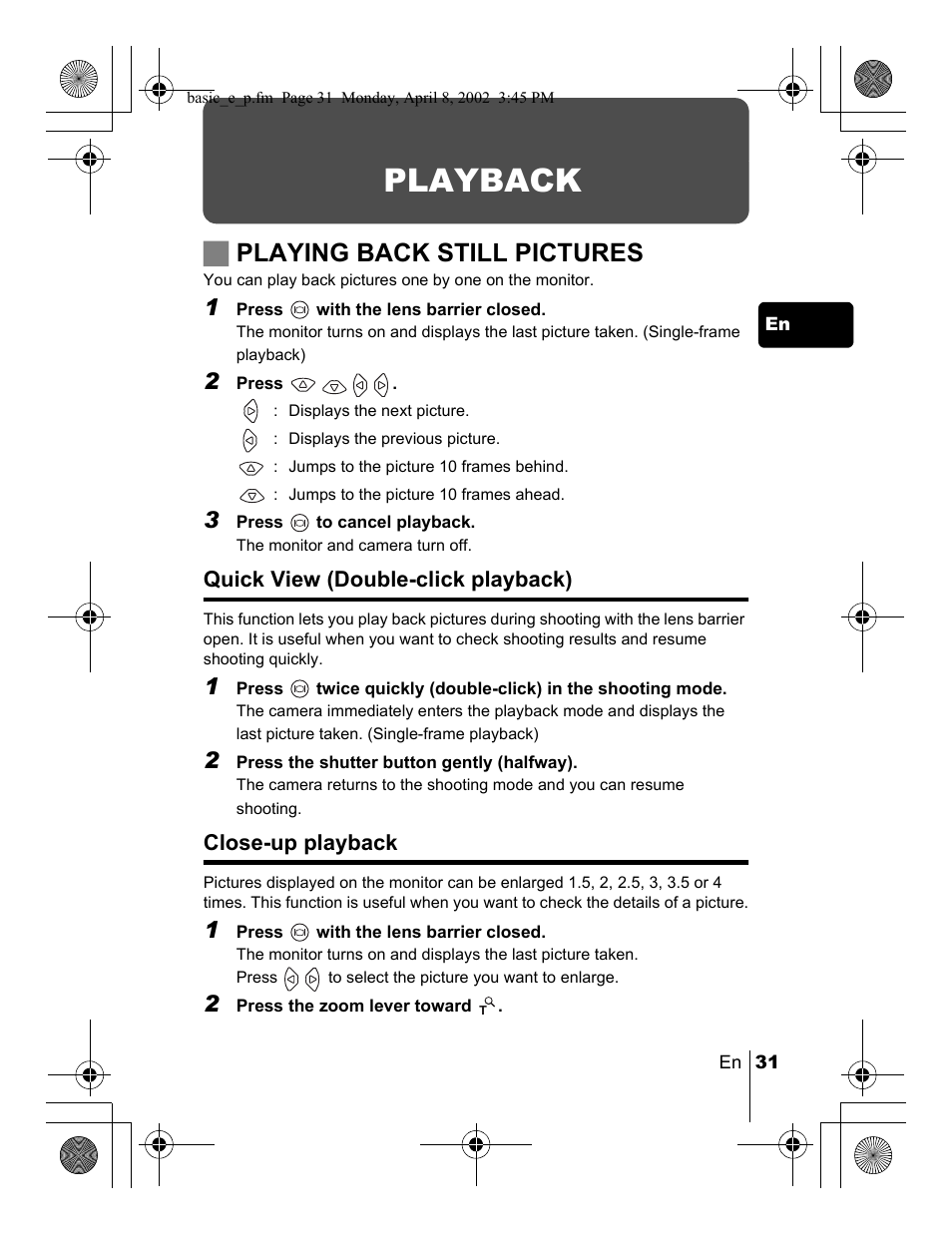 Playback, Jplaying back still pictures | Olympus C-300 Zoom  EN User Manual | Page 31 / 172
