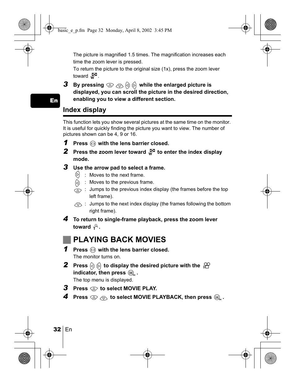 Jplaying back movies, Index display | Olympus C-300 Zoom  EN User Manual | Page 32 / 172