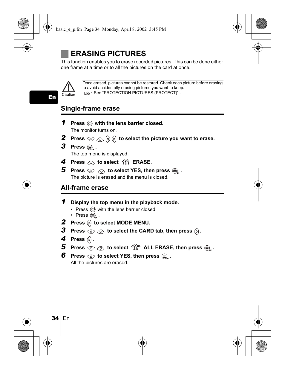 Jerasing pictures, Single-frame erase, All-frame erase | Olympus C-300 Zoom  EN User Manual | Page 34 / 172