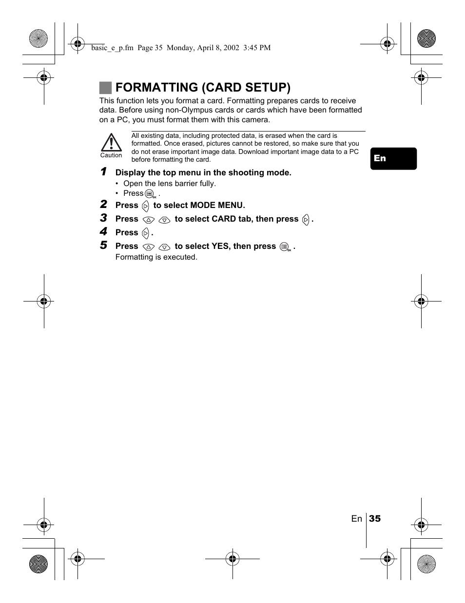 Jformatting (card setup) | Olympus C-300 Zoom  EN User Manual | Page 35 / 172