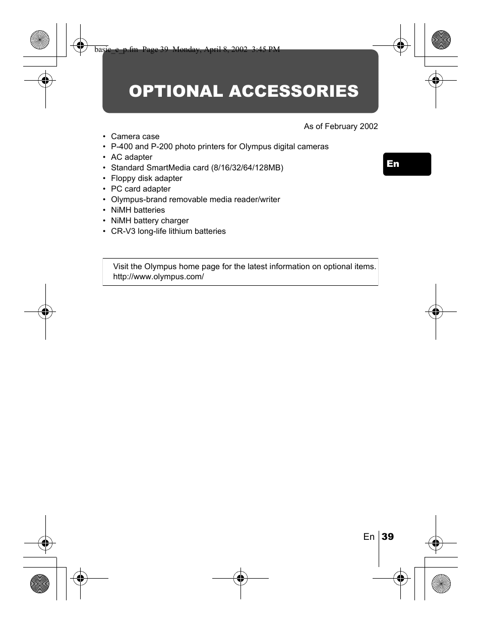 Optional accessories | Olympus C-300 Zoom  EN User Manual | Page 39 / 172