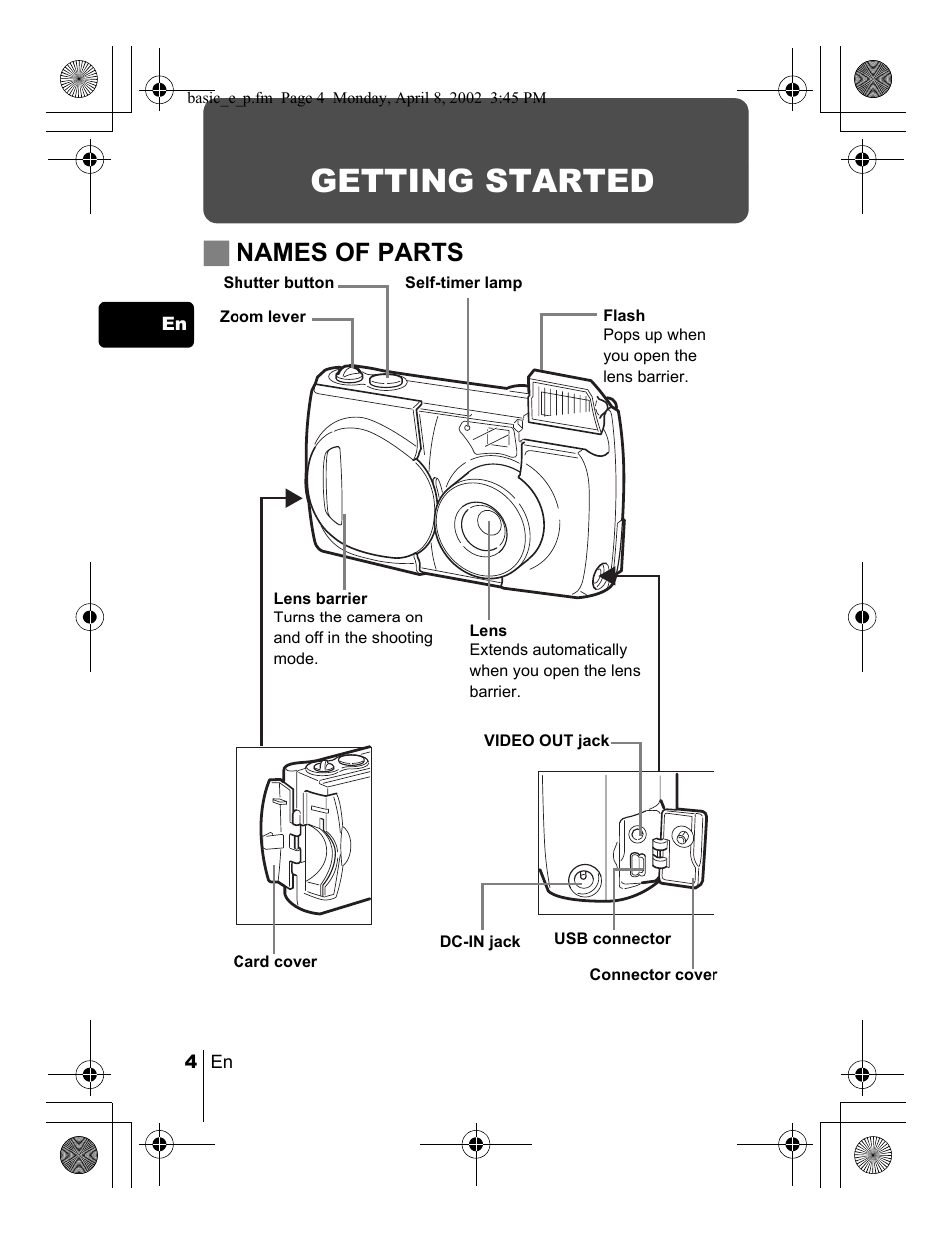 Getting started, Jnames of parts | Olympus C-300 Zoom  EN User Manual | Page 4 / 172