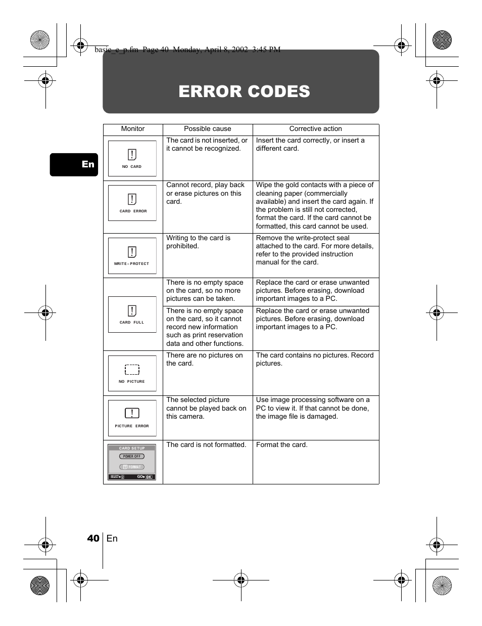 Error codes, 40 en en | Olympus C-300 Zoom  EN User Manual | Page 40 / 172