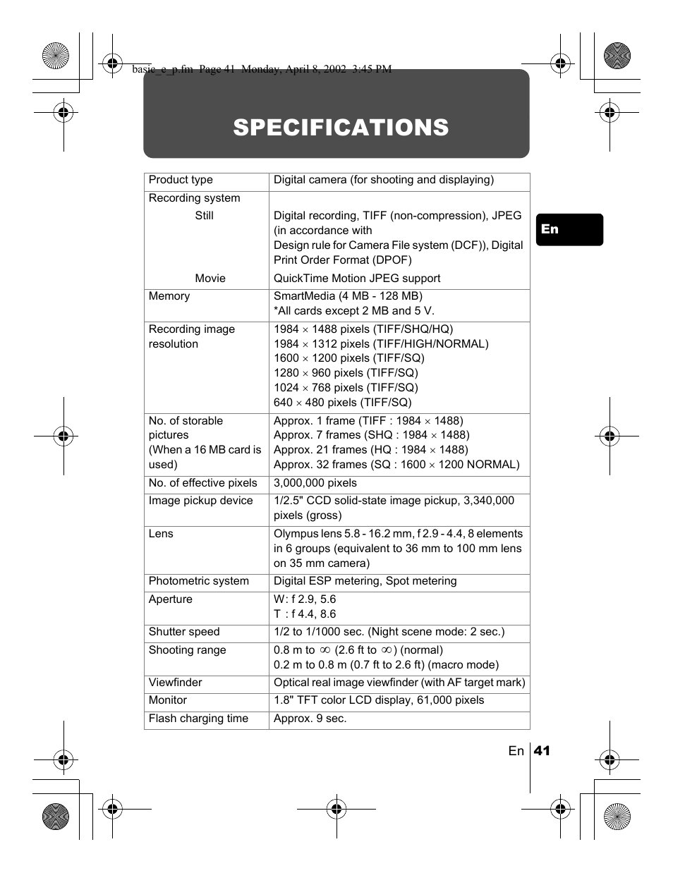 Specifications | Olympus C-300 Zoom  EN User Manual | Page 41 / 172