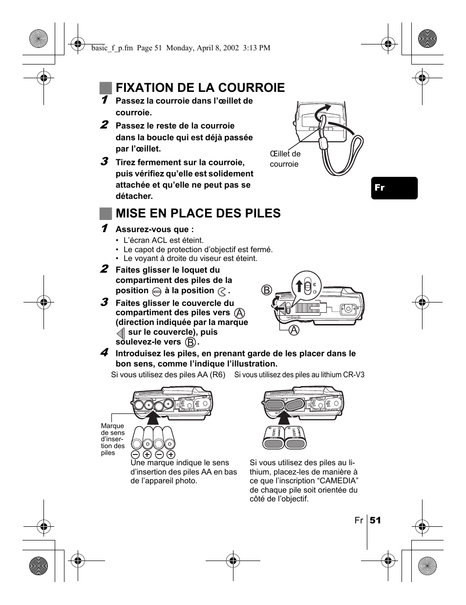 Jfixation de la courroie, Jmise en place des piles | Olympus C-300 Zoom  EN User Manual | Page 51 / 172