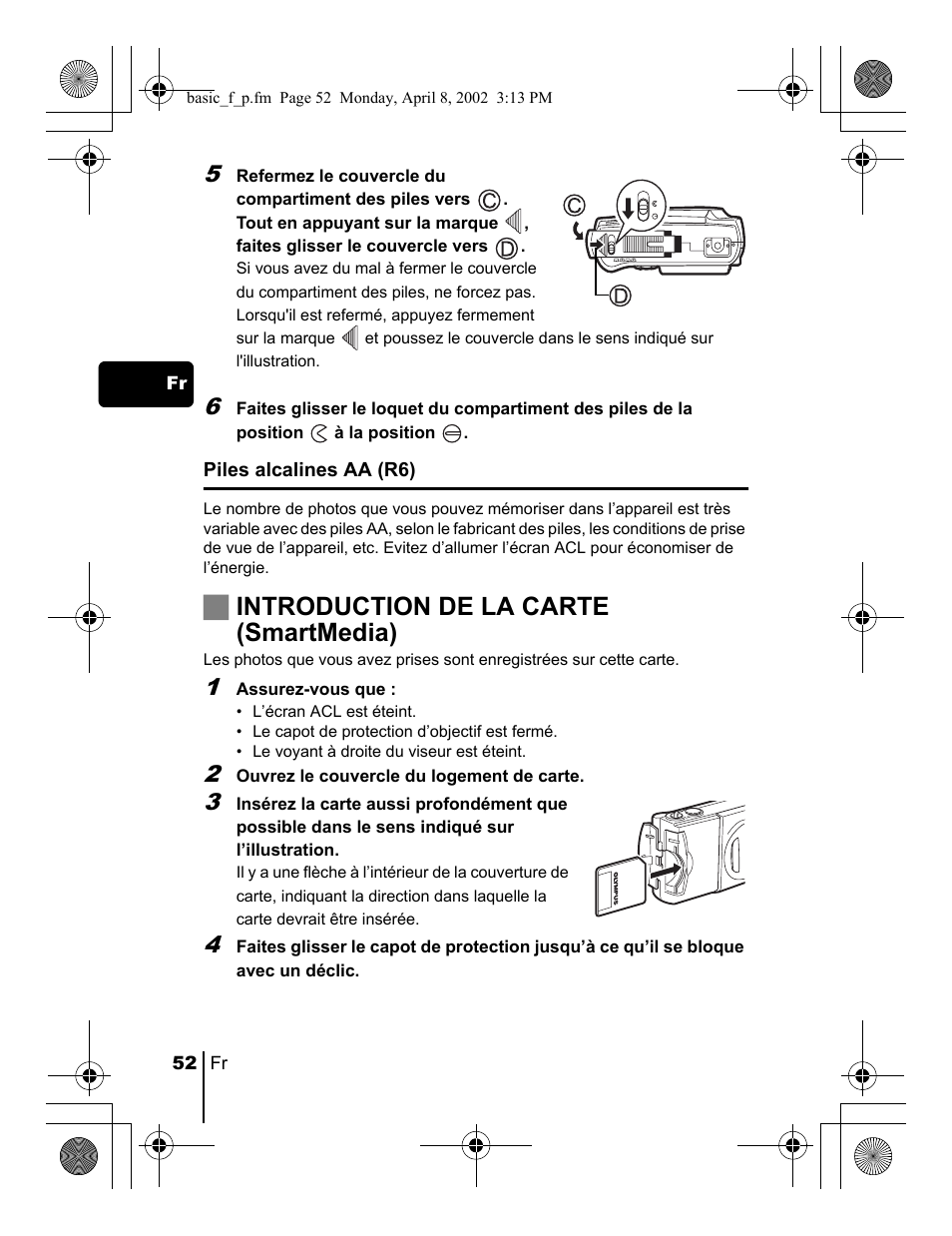 Jintroduction de la carte (smartmedia) | Olympus C-300 Zoom  EN User Manual | Page 52 / 172