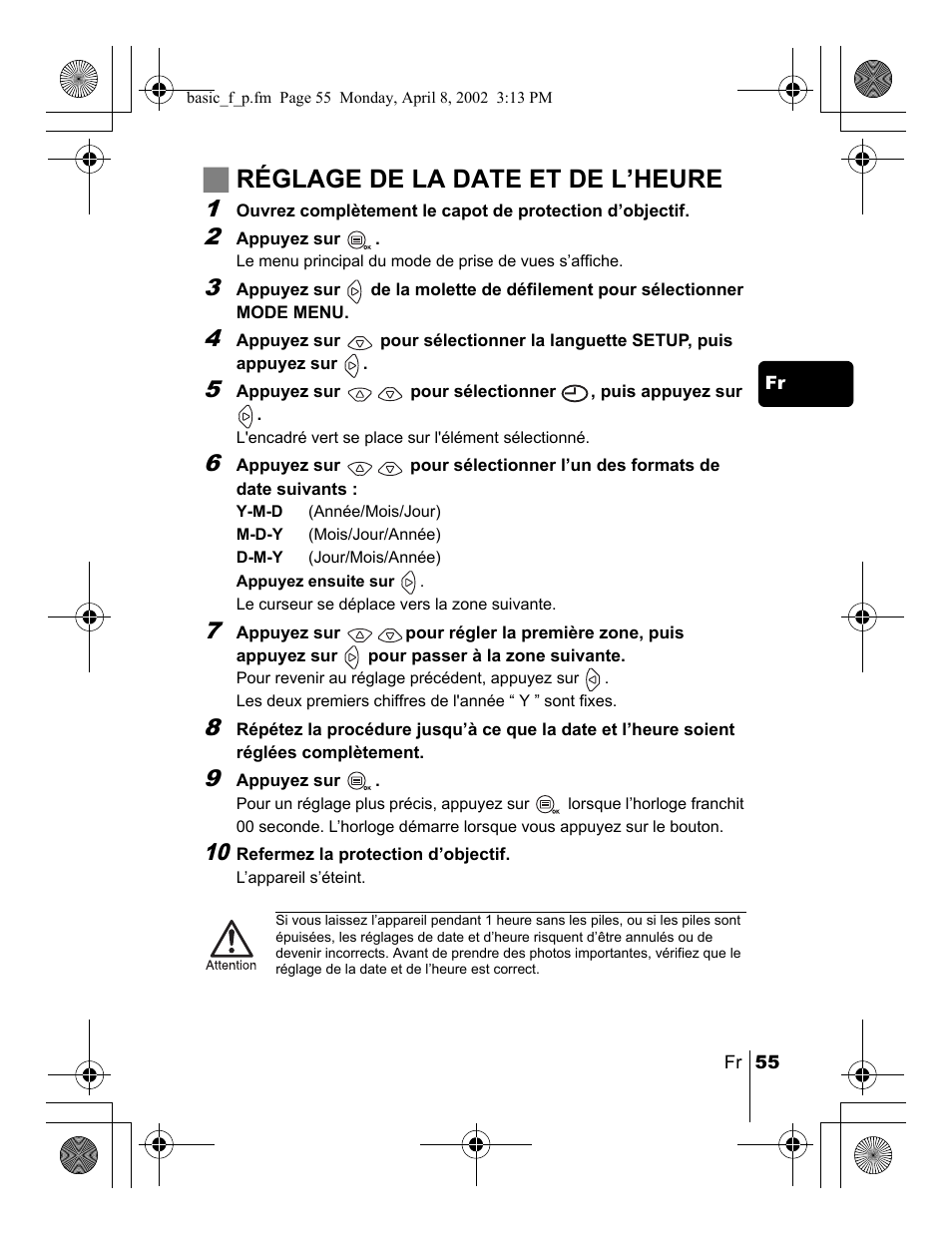 Jréglage de la date et de l’heure | Olympus C-300 Zoom  EN User Manual | Page 55 / 172