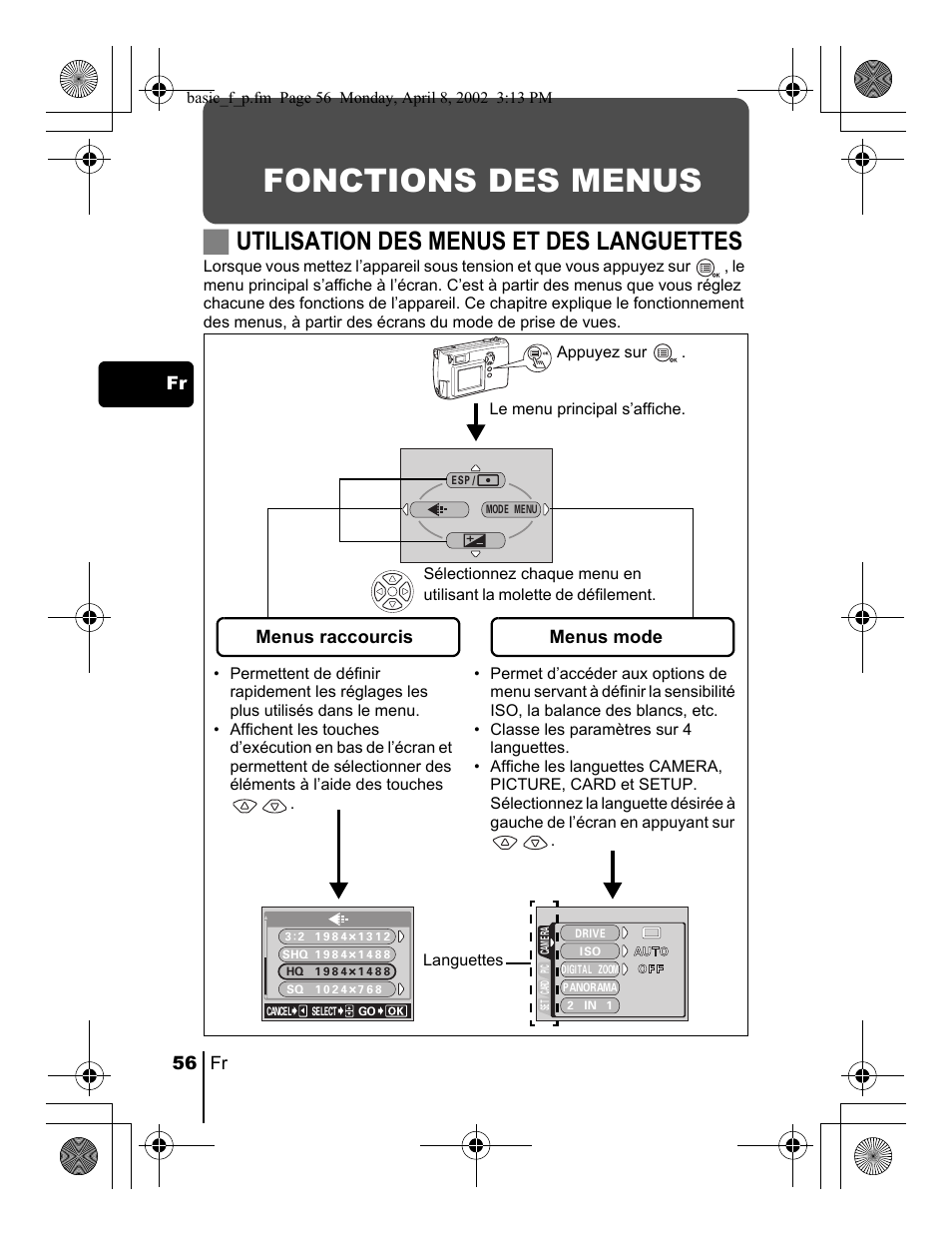 Fonctions des menus, Jutilisation des menus et des languettes | Olympus C-300 Zoom  EN User Manual | Page 56 / 172
