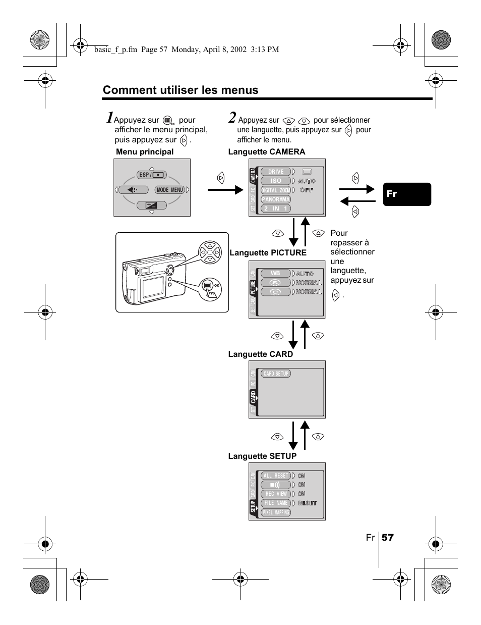 Comment utiliser les menus, Fr 57 fr | Olympus C-300 Zoom  EN User Manual | Page 57 / 172