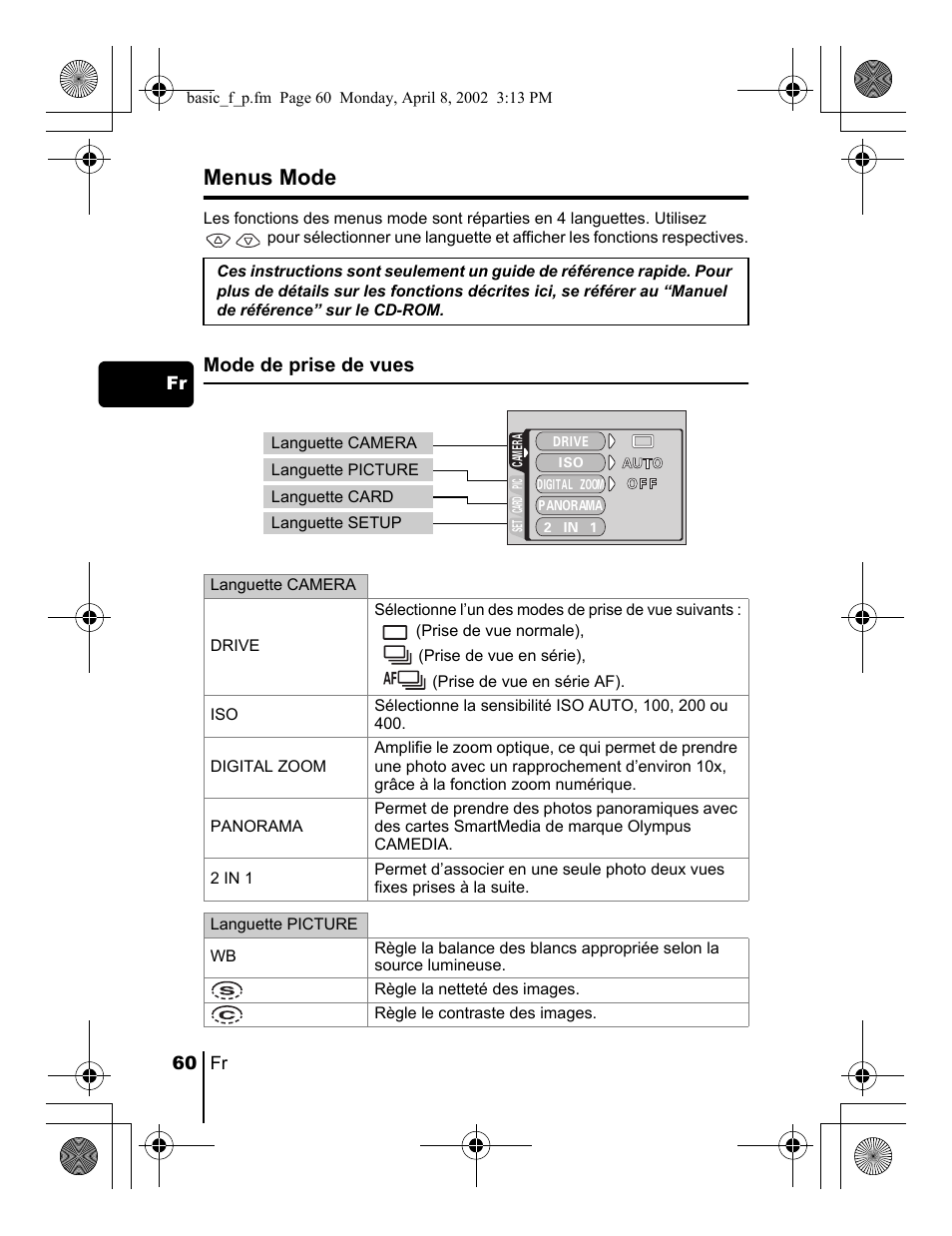 Menus mode | Olympus C-300 Zoom  EN User Manual | Page 60 / 172