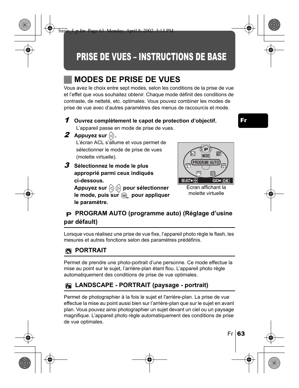 Prise de vues – instructions de base, Jmodes de prise de vues | Olympus C-300 Zoom  EN User Manual | Page 63 / 172