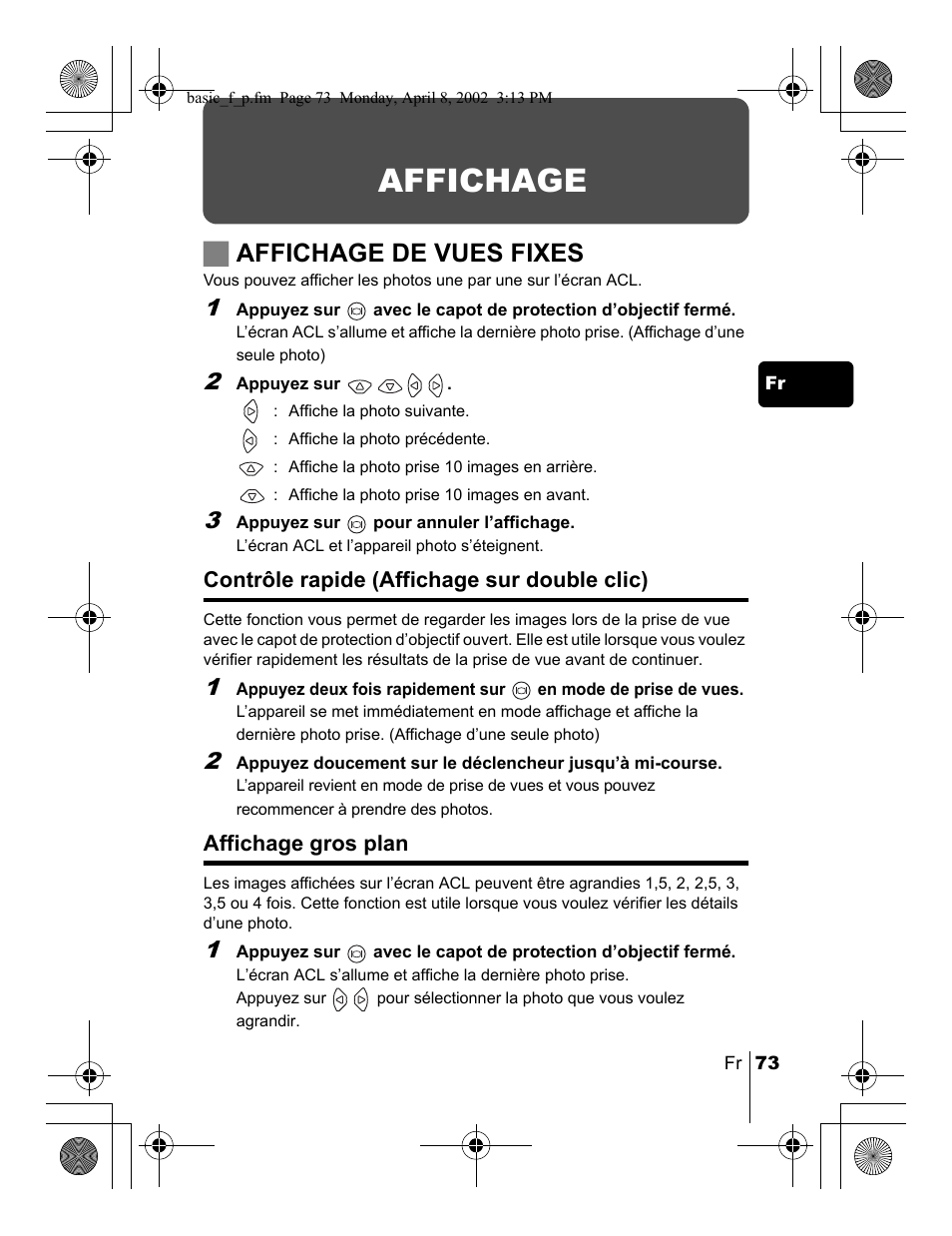 Affichage, Jaffichage de vues fixes | Olympus C-300 Zoom  EN User Manual | Page 73 / 172