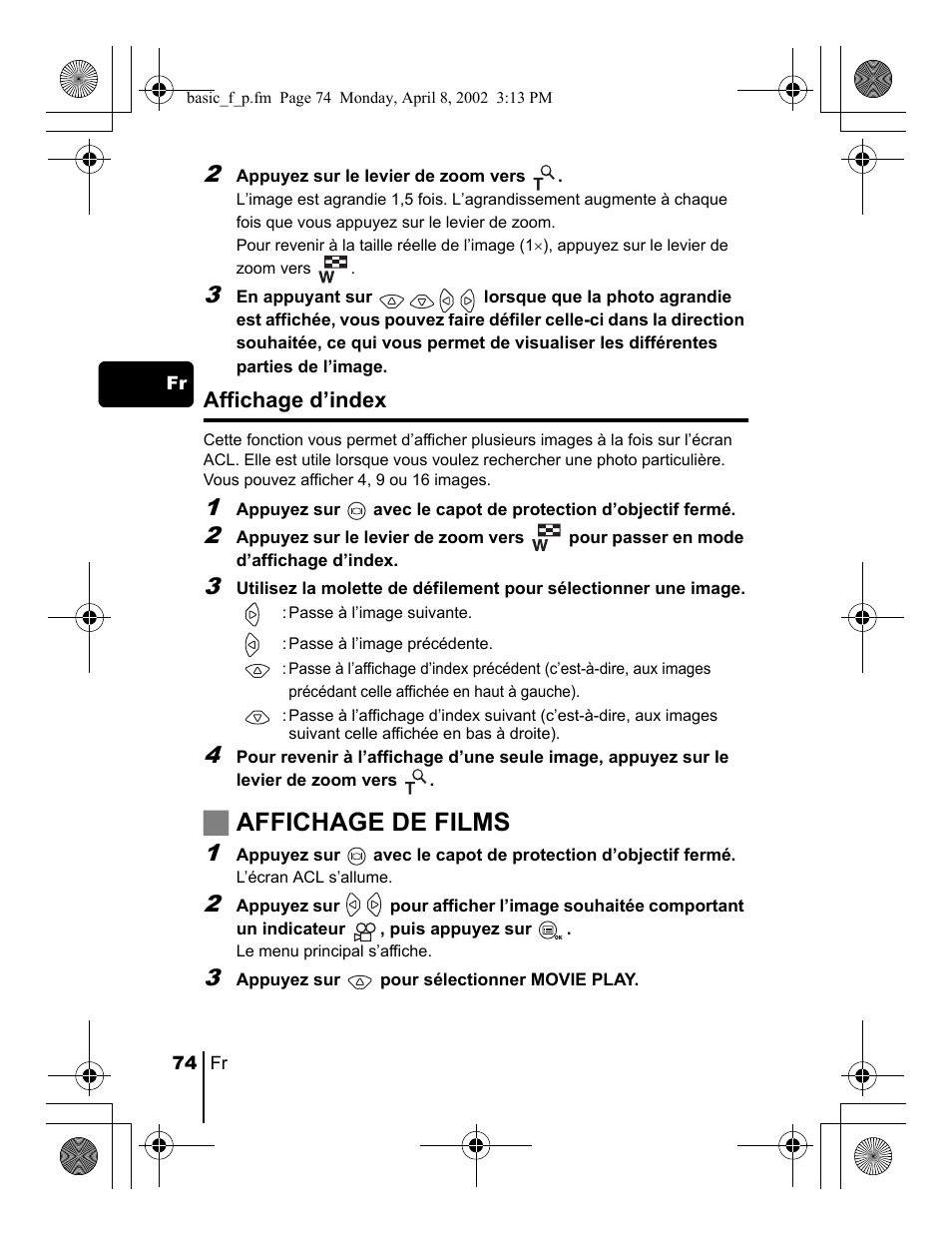 Jaffichage de films, Affichage d’index | Olympus C-300 Zoom  EN User Manual | Page 74 / 172