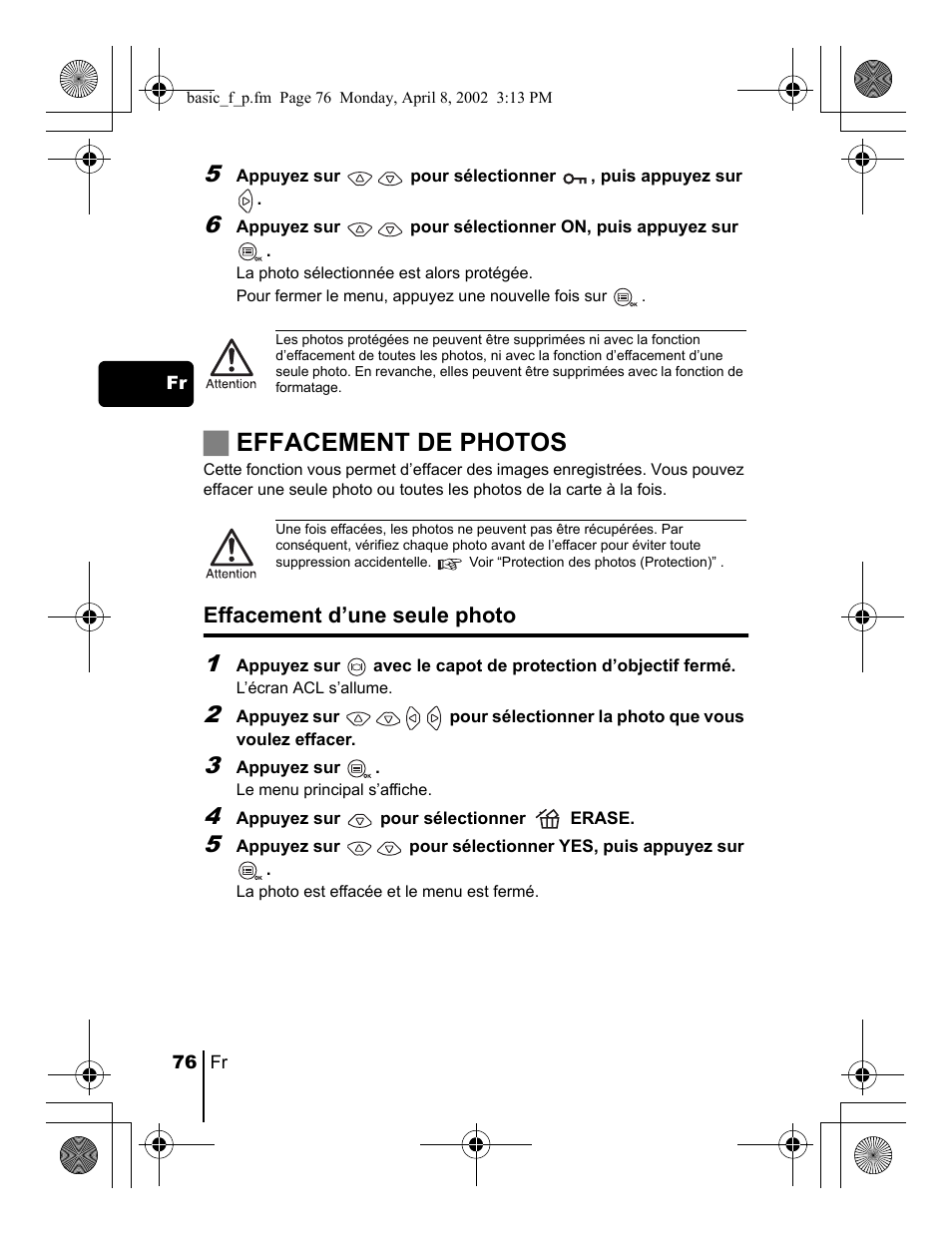 Jeffacement de photos, Effacement d’une seule photo | Olympus C-300 Zoom  EN User Manual | Page 76 / 172