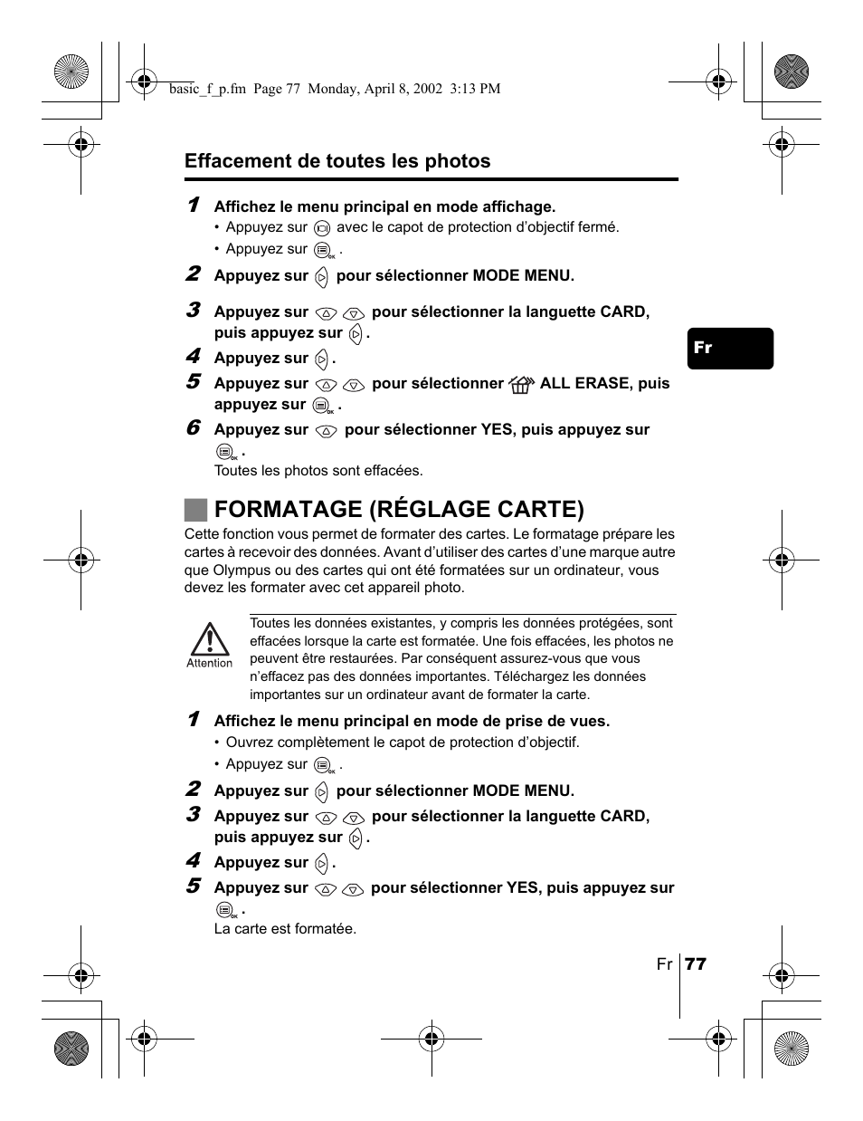 Jformatage (réglage carte) | Olympus C-300 Zoom  EN User Manual | Page 77 / 172