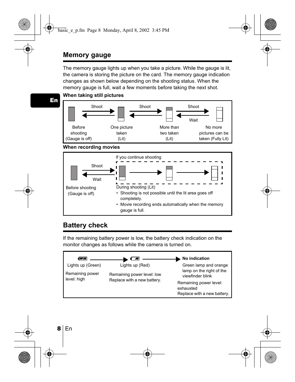 Battery check, 8 en en | Olympus C-300 Zoom  EN User Manual | Page 8 / 172