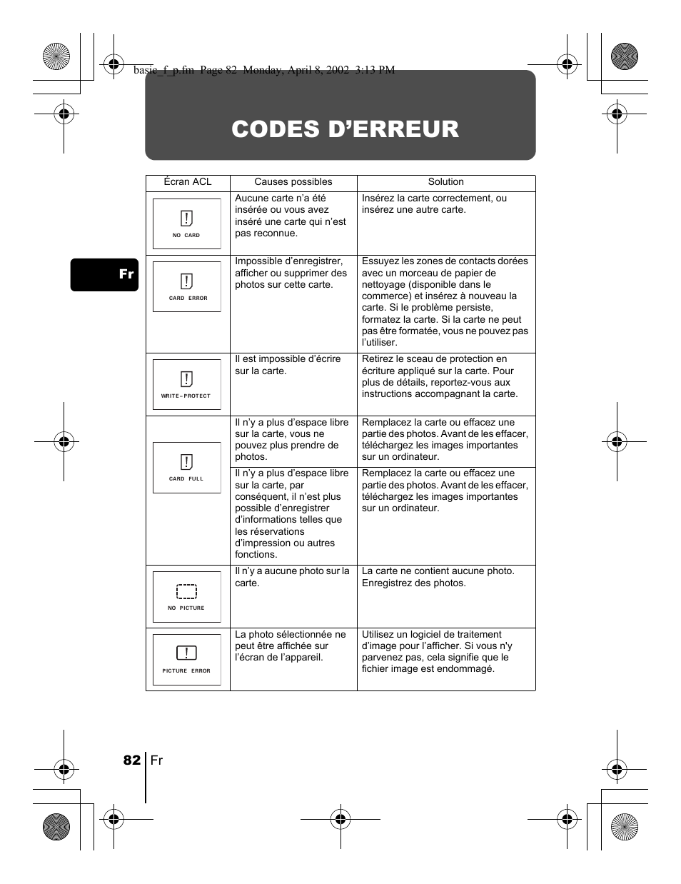 Codes d’erreur, 82 fr fr | Olympus C-300 Zoom  EN User Manual | Page 82 / 172
