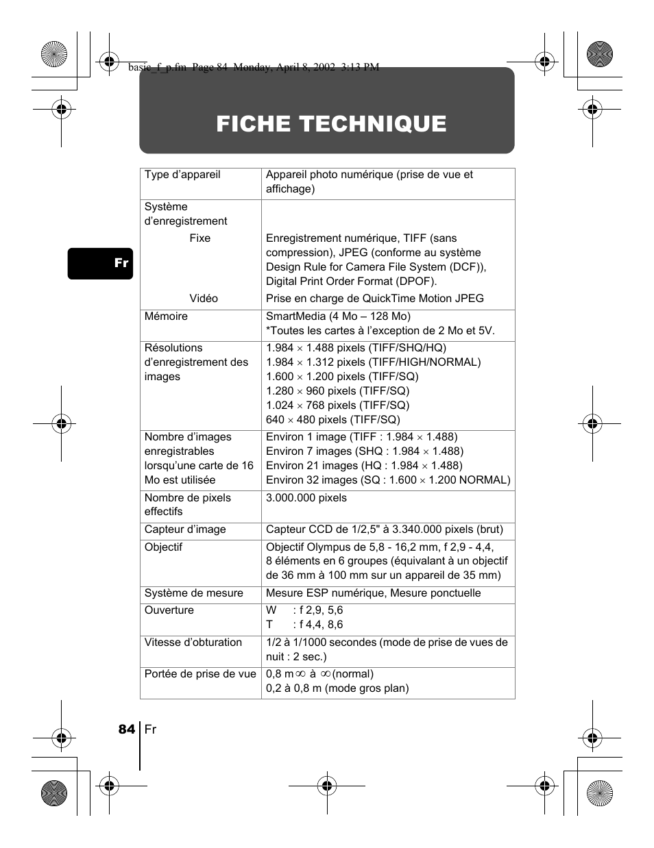 Fiche technique | Olympus C-300 Zoom  EN User Manual | Page 84 / 172
