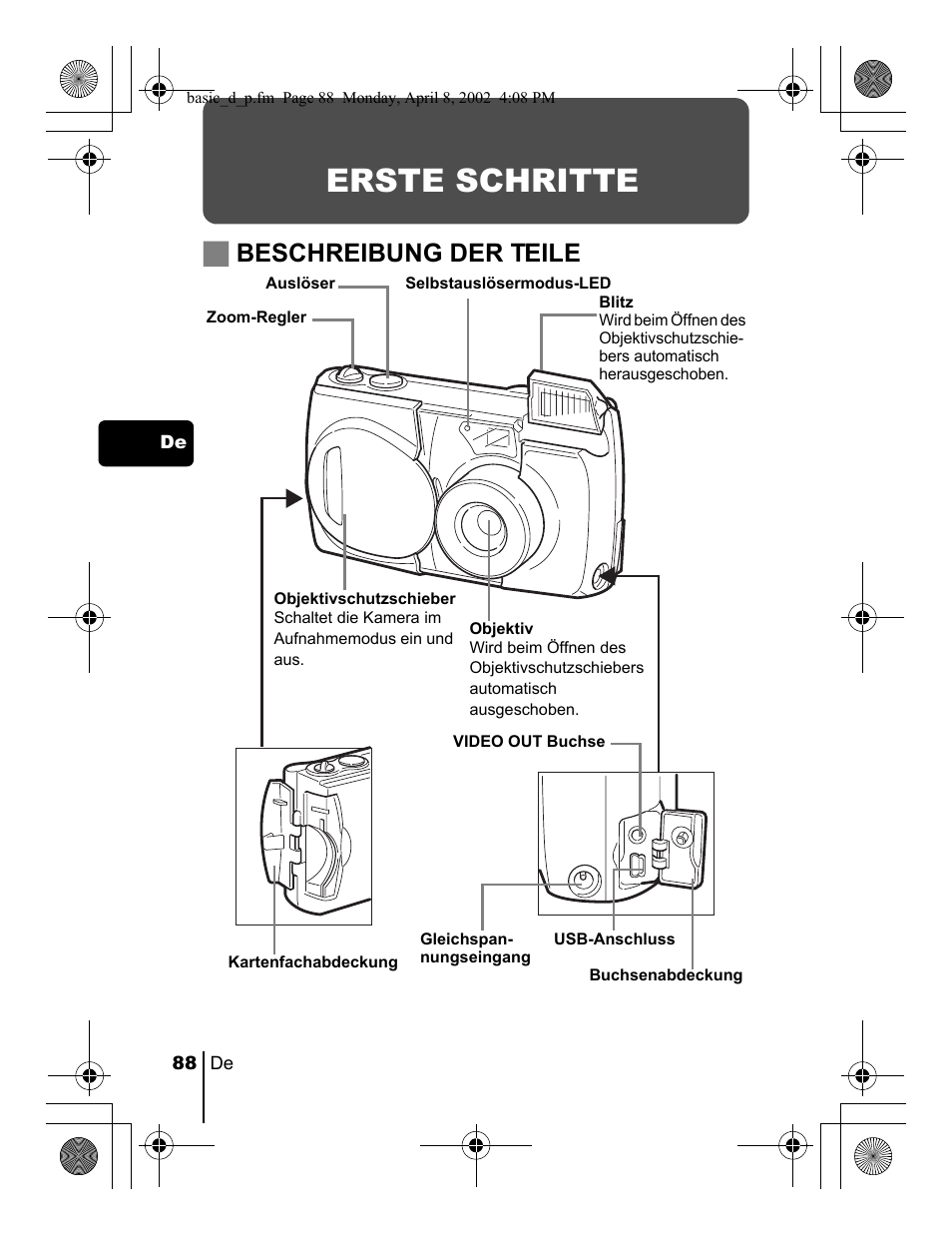 Erste schritte, Jbeschreibung der teile | Olympus C-300 Zoom  EN User Manual | Page 88 / 172